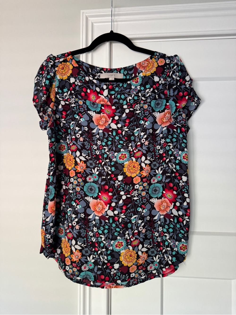 LOFT Floral Short-Sleeve Blouse in Navy with Coral, Yellow & Teal Flowers